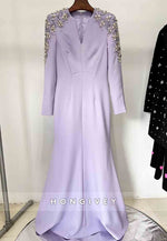V-Neck Trumpet Long Sleeves Floor-Length Evening Gowns with Shoulder Beading
