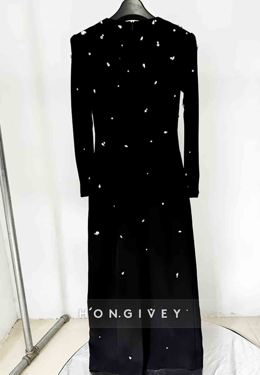 Long Sleeves Floor-Length Column Formal Gowns with Rhinestone