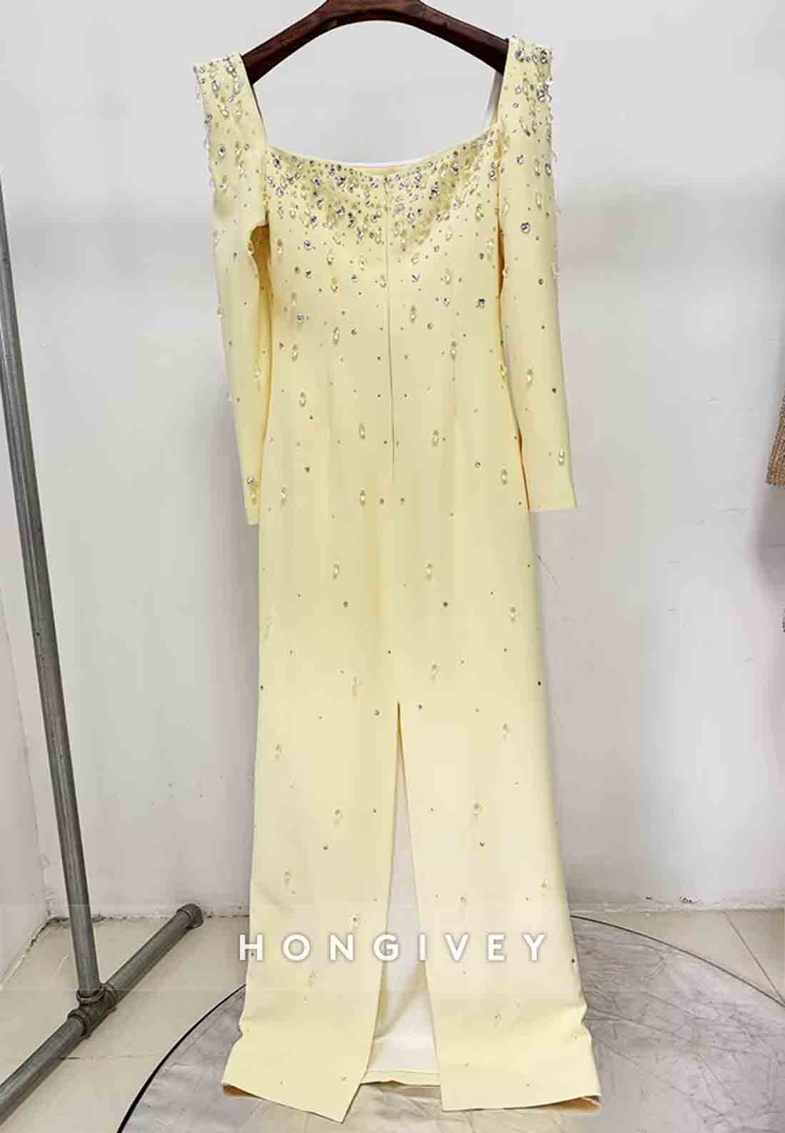 Square Neck Floor-Length Long Sleeves Column with Rhinestone