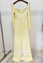 Square Neck Floor-Length Long Sleeves Column with Rhinestone