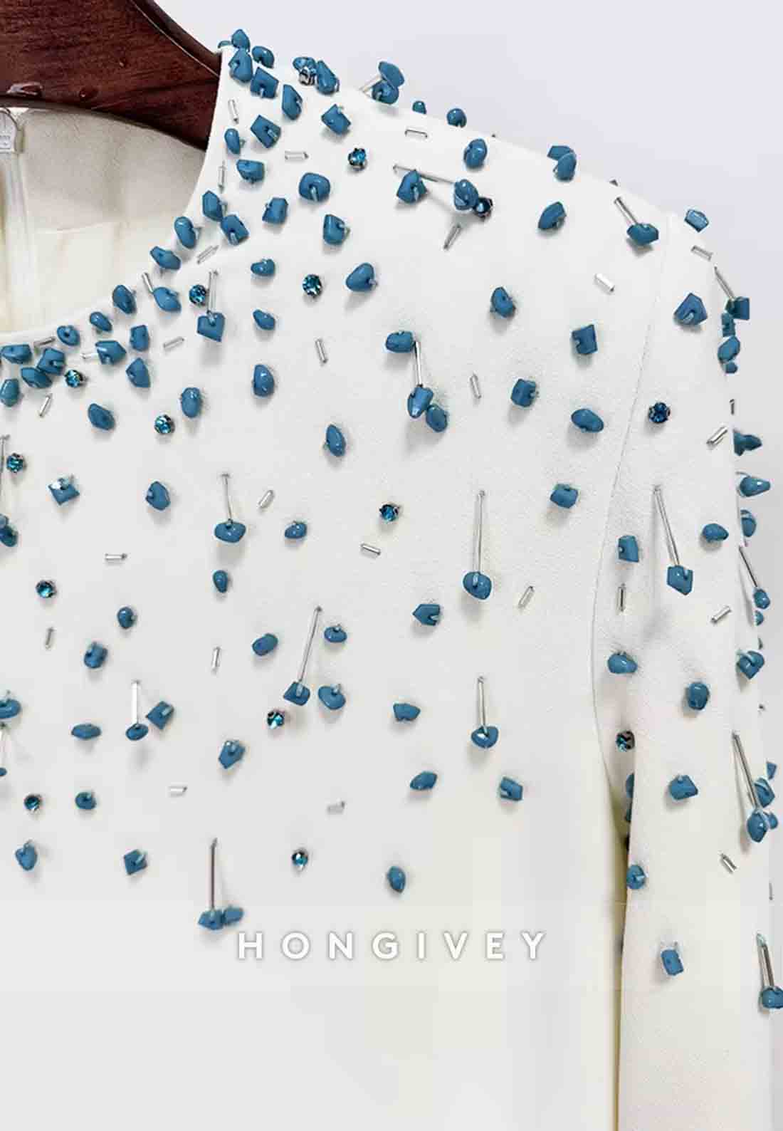 Long Sleeves A-Line Scoop Floor-Length Evening Gown with Blue Beading