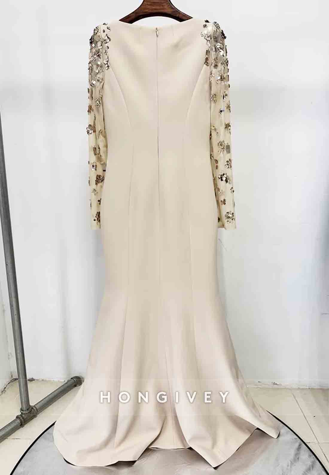 Bateau Neck Long Sleeves Back Zipper Floor-Length Evening Gowns