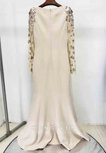 Bateau Neck Long Sleeves Back Zipper Floor-Length Evening Gowns