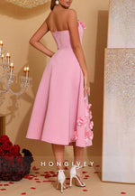 3D Floral Strapless A-Line Formal Wedding Tea Length Cocktail Dresses with Pearls