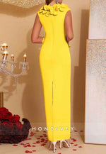 Chic 3D Floral V-Neck Column Sleeveless Ankle-Length Evening Gowns