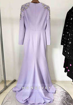 V-Neck Trumpet Long Sleeves Floor-Length Evening Gowns with Shoulder Beading