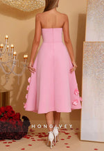 3D Floral Strapless A-Line Formal Wedding Tea Length Cocktail Dresses with Pearls