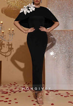 Elegant 3D Floral Decor Contrast Cape Dress Formal Gown Wedding Guest Bridesmaid