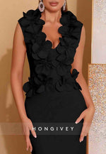 Chic 3D Floral V-Neck Column Sleeveless Ankle-Length Evening Gowns