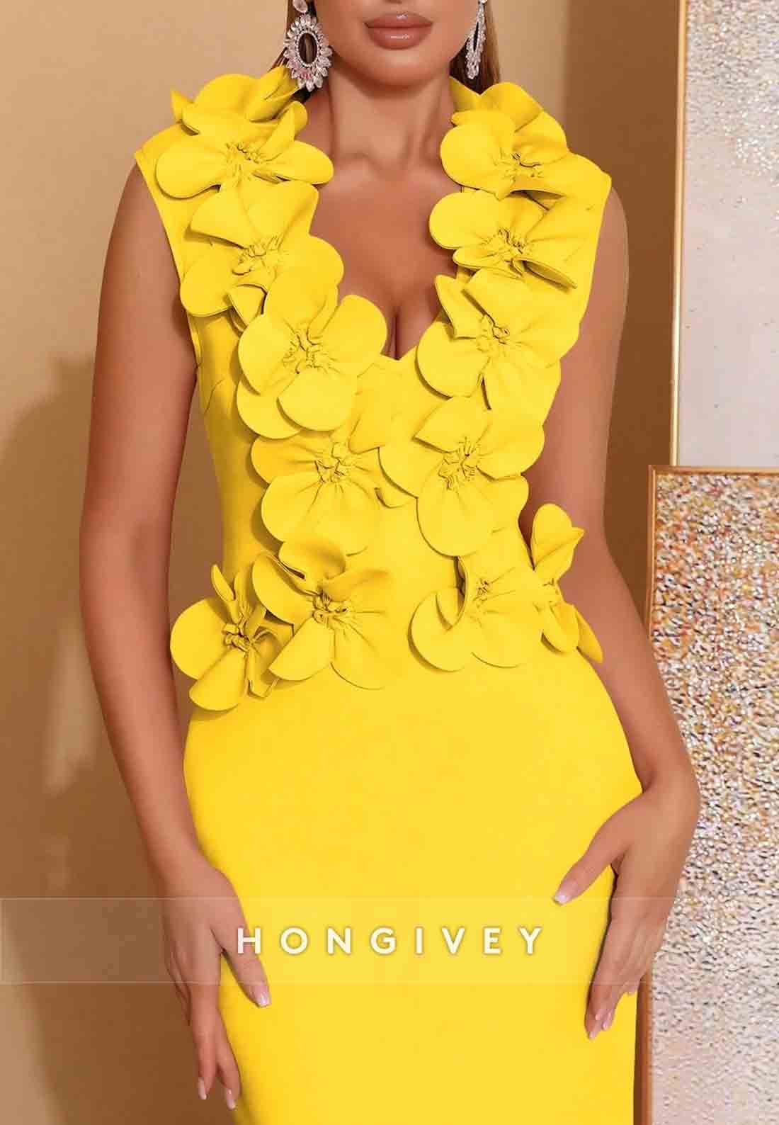 Chic 3D Floral V-Neck Column Sleeveless Ankle-Length Evening Gowns