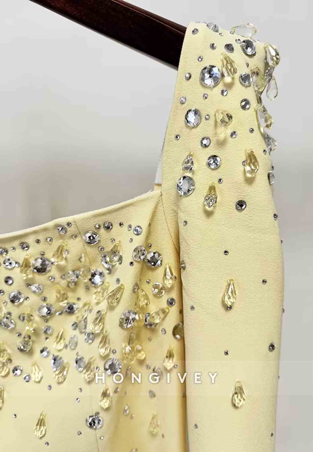 Square Neck Floor-Length Long Sleeves Column with Rhinestone