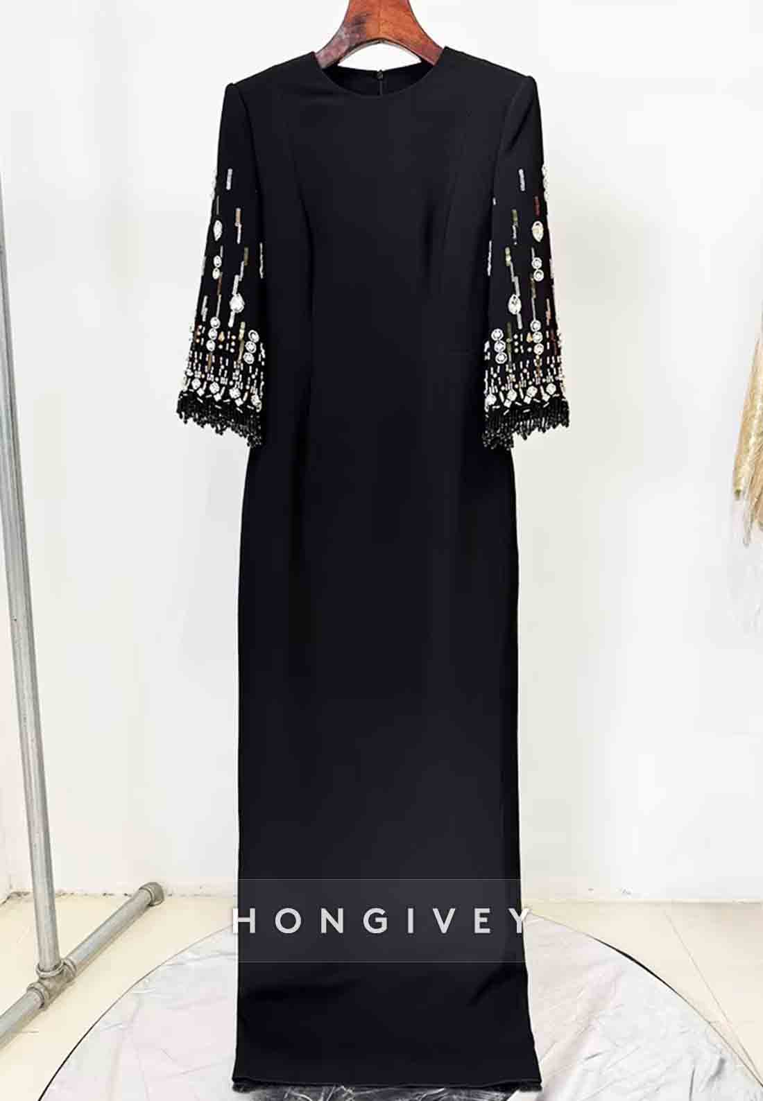 3/4 Sleeve Scoop Formal Gowns Column Floor-Length Wedding Guest