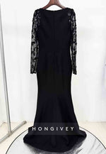 Bateau Neck Long Sleeves Back Zipper Floor-Length Evening Gowns