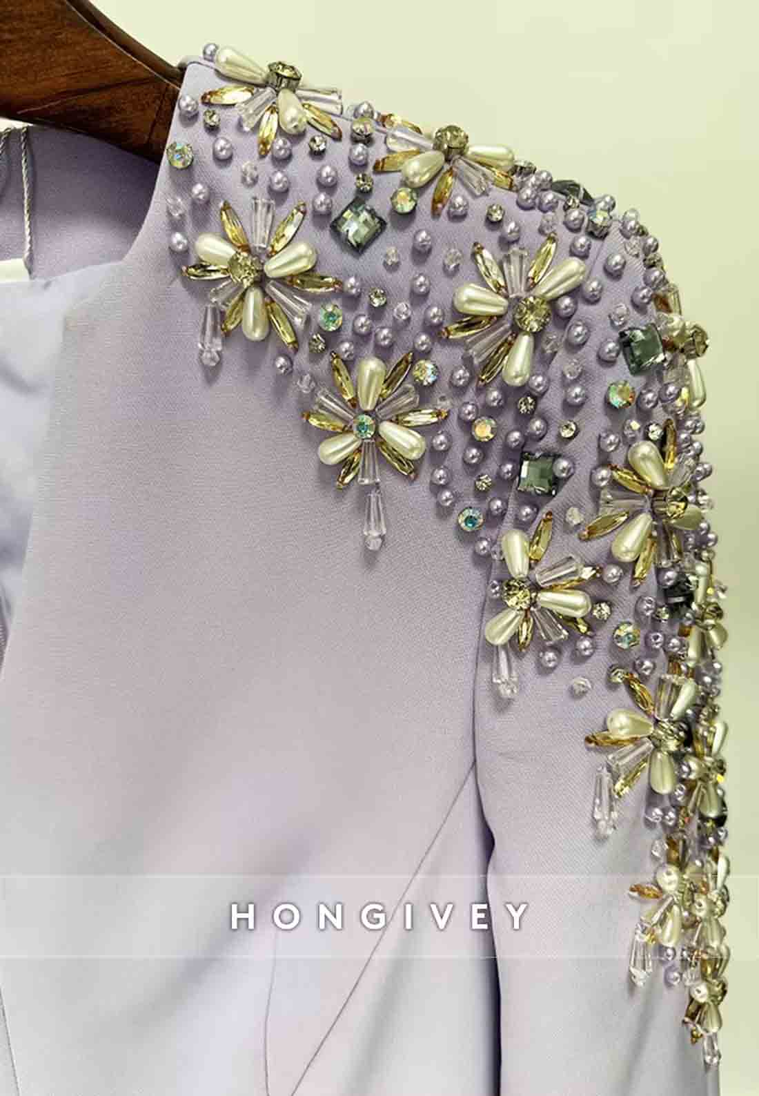 V-Neck Trumpet Long Sleeves Floor-Length Evening Gowns with Shoulder Beading