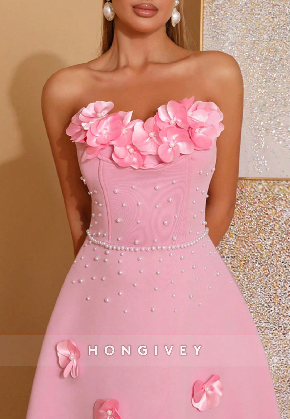 3D Floral Strapless A-Line Formal Wedding Tea Length Cocktail Dresses with Pearls