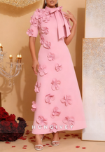 Pink A-Line High Neck Bowknot Half Sleeves Mother of the Bride Dress with 3D Flowers
