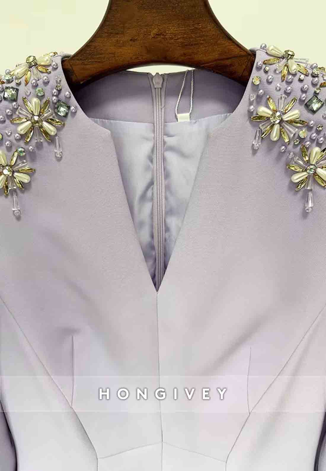 V-Neck Trumpet Long Sleeves Floor-Length Evening Gowns with Shoulder Beading