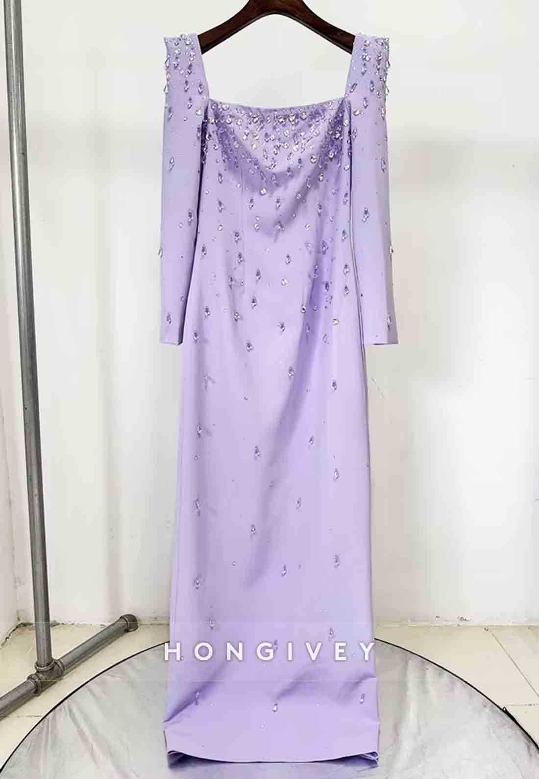 Square Neck Floor-Length Long Sleeves Column with Rhinestone