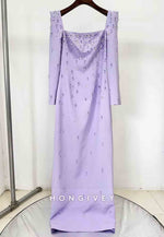 Square Neck Floor-Length Long Sleeves Column with Rhinestone