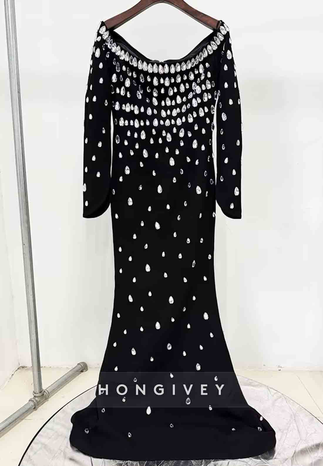 Off the Shoulder Floor-Length Long Sleeves Mermaid Evening Gowns with Rhinestone