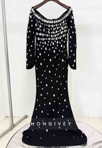 Off the Shoulder Floor-Length Long Sleeves Mermaid Evening Gowns with Rhinestone