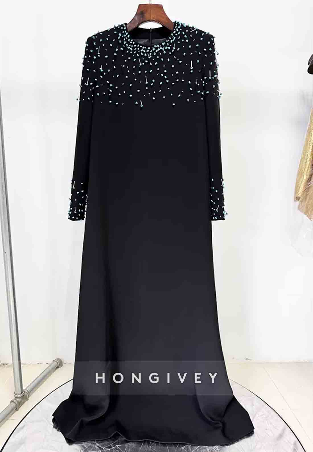 Long Sleeves A-Line Scoop Floor-Length Evening Gown with Blue Beading