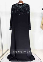 Long Sleeves A-Line Scoop Floor-Length Evening Gown with Blue Beading
