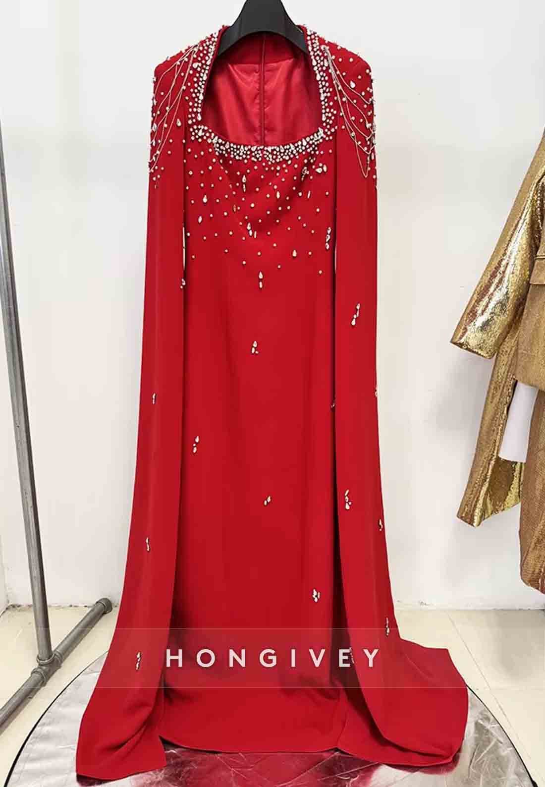 Long Sleeves A-Line Floor-Length Empire Evening Gown with Rhinestone