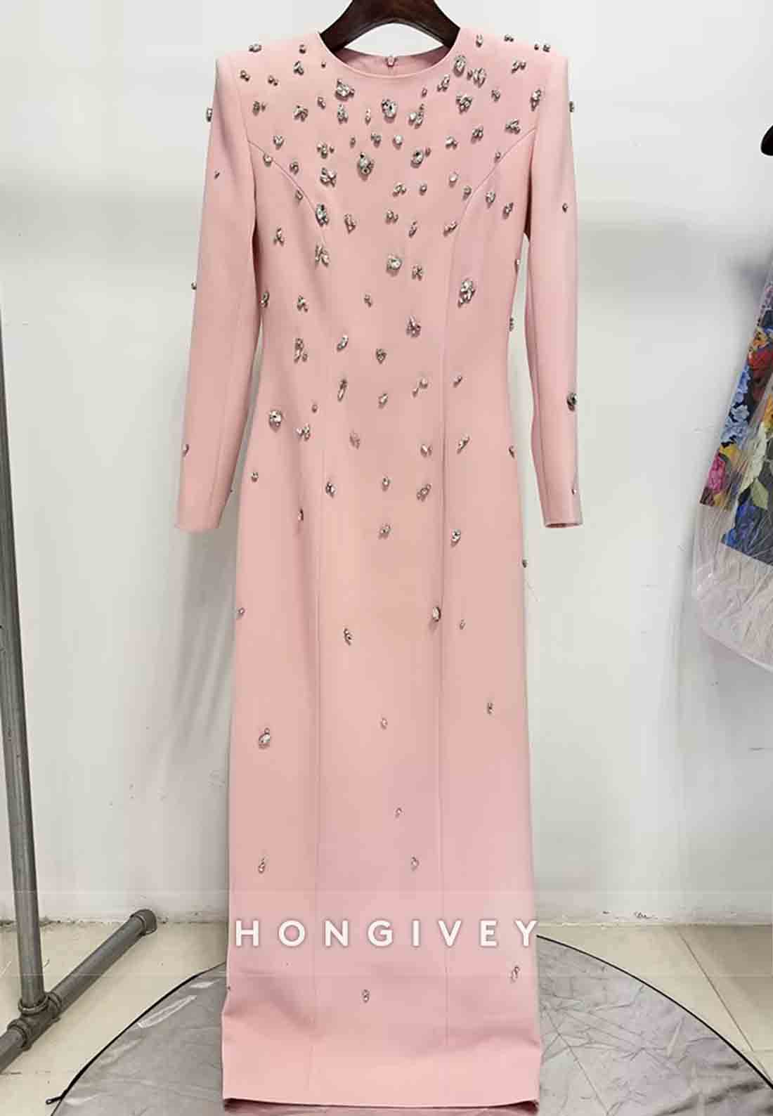 Long Sleeves Floor-Length Column Formal Gowns with Rhinestone