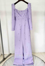 Square Neck Floor-Length Long Sleeves Column with Rhinestone