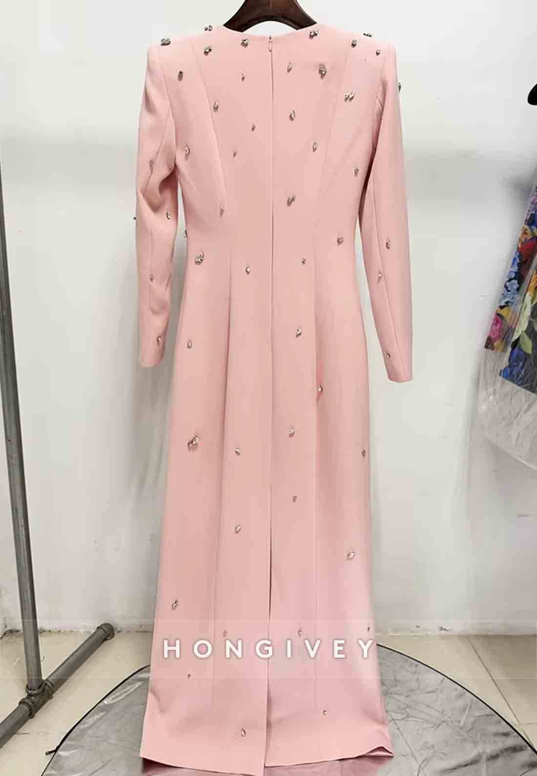 Long Sleeves Floor-Length Column Formal Gowns with Rhinestone