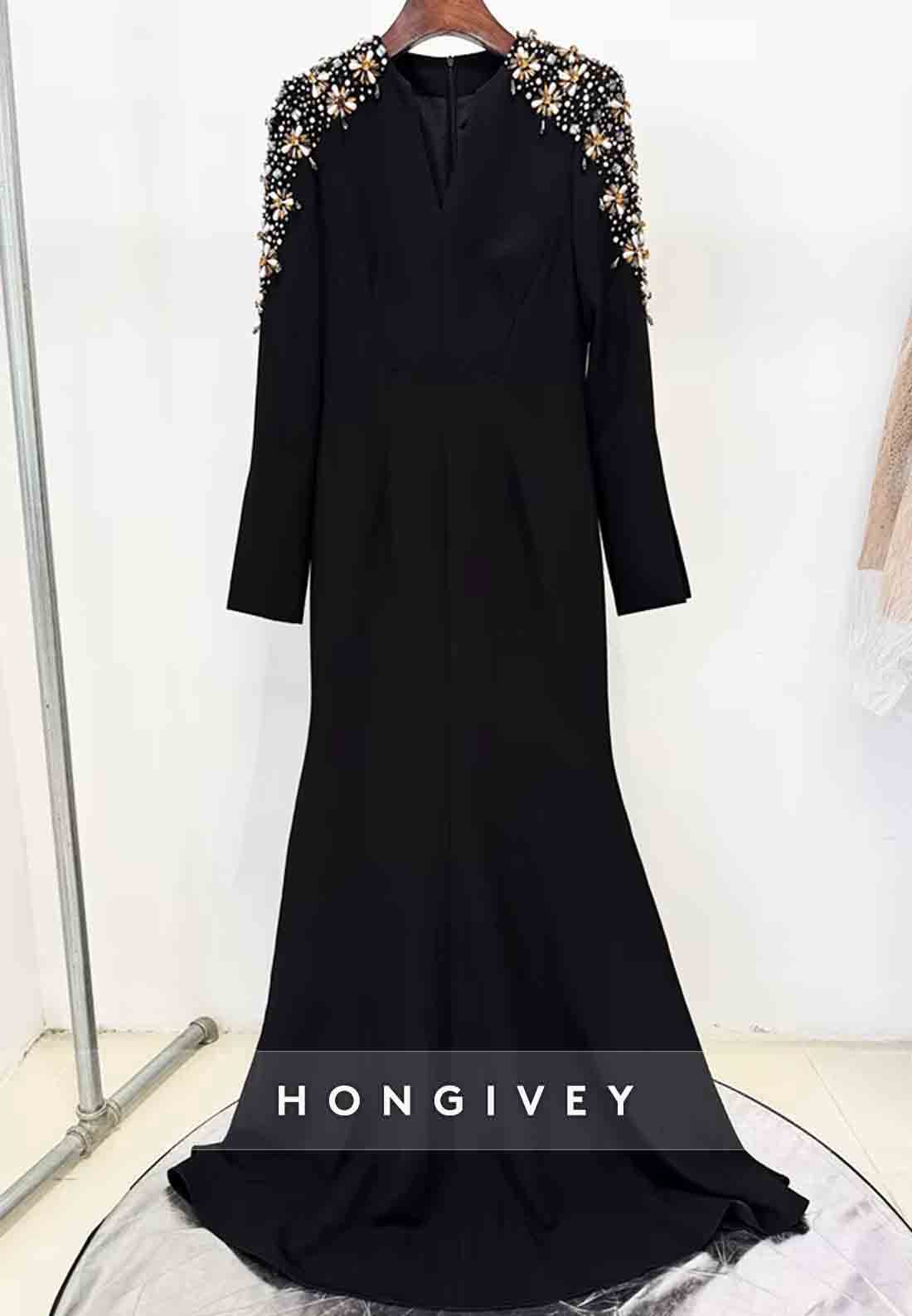 V-Neck Trumpet Long Sleeves Floor-Length Evening Gowns with Shoulder Beading