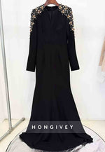 V-Neck Trumpet Long Sleeves Floor-Length Evening Gowns with Shoulder Beading