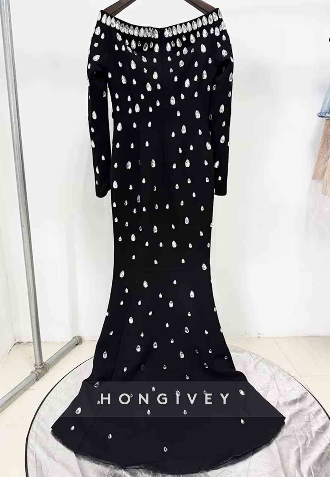 Off the Shoulder Floor-Length Long Sleeves Mermaid Evening Gowns with Rhinestone