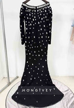 Off the Shoulder Floor-Length Long Sleeves Mermaid Evening Gowns with Rhinestone