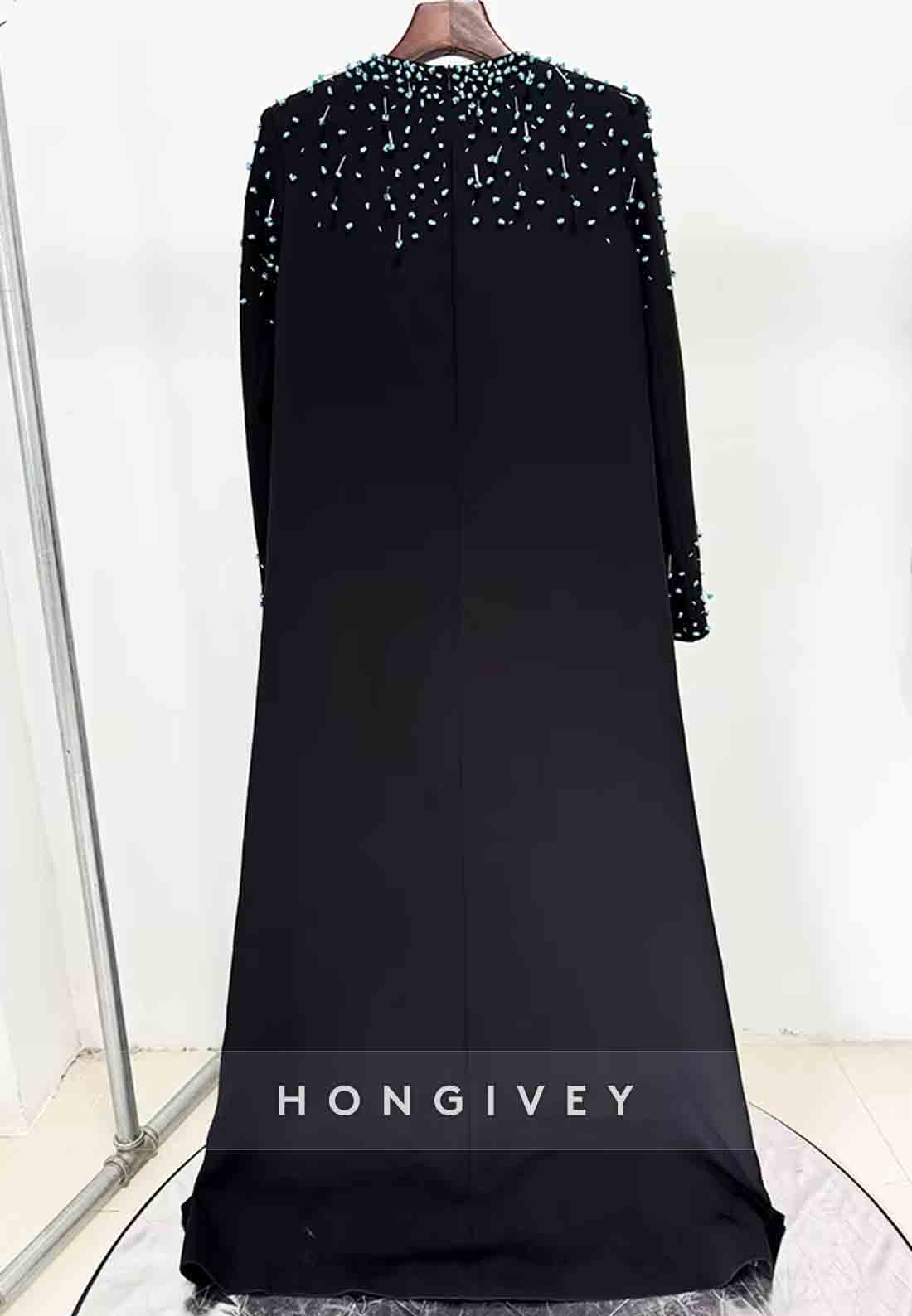 Long Sleeves A-Line Scoop Floor-Length Evening Gown with Blue Beading
