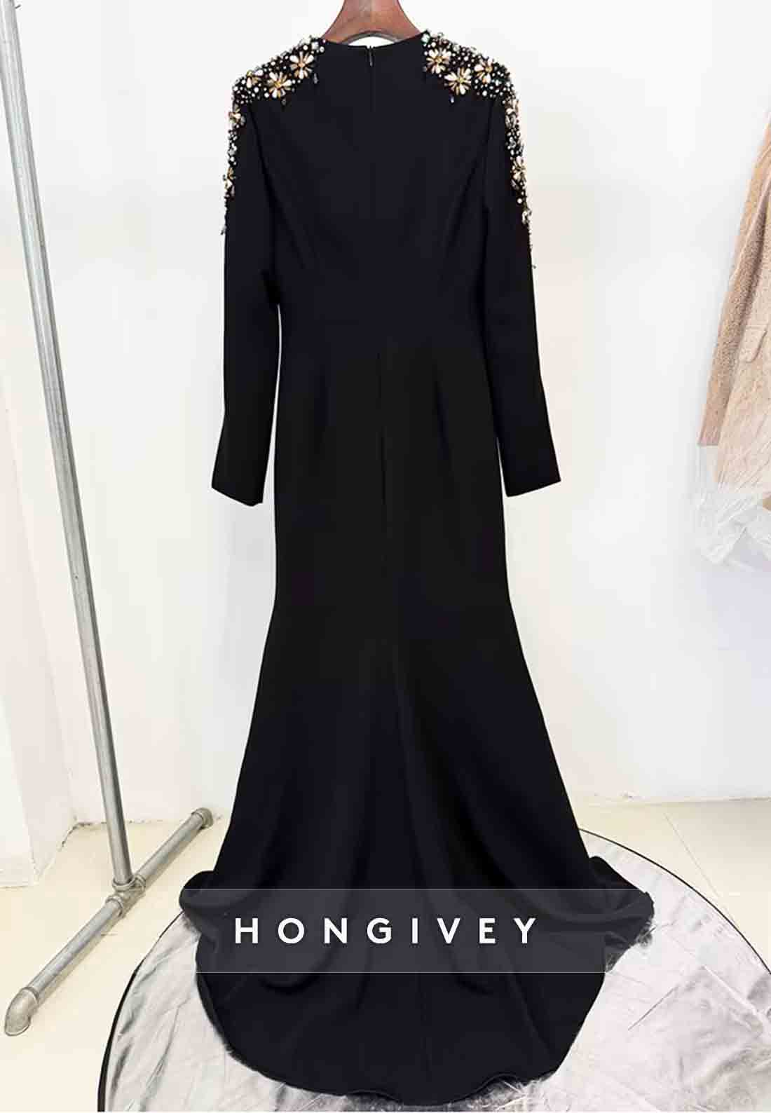 V-Neck Trumpet Long Sleeves Floor-Length Evening Gowns with Shoulder Beading