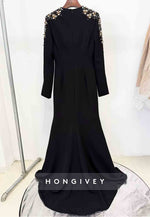 V-Neck Trumpet Long Sleeves Floor-Length Evening Gowns with Shoulder Beading
