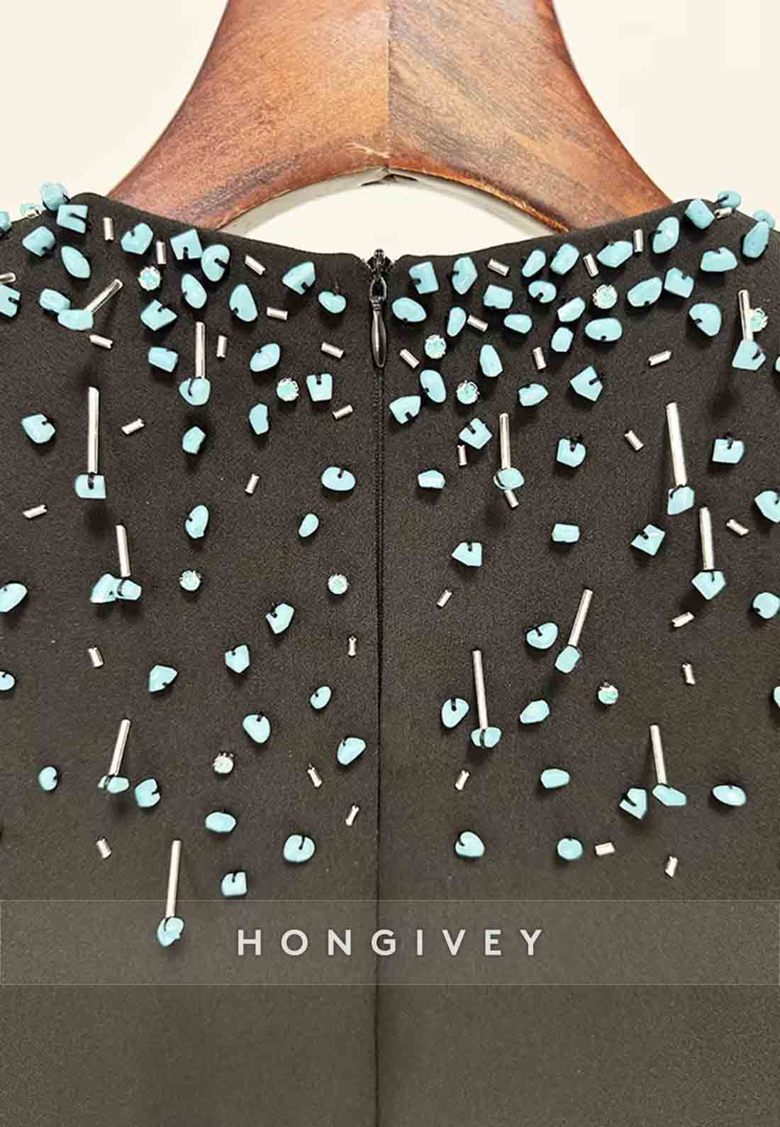 Long Sleeves A-Line Scoop Floor-Length Evening Gown with Blue Beading