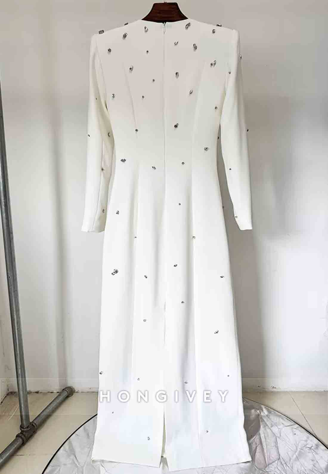 Long Sleeves Floor-Length Column Formal Gowns with Rhinestone