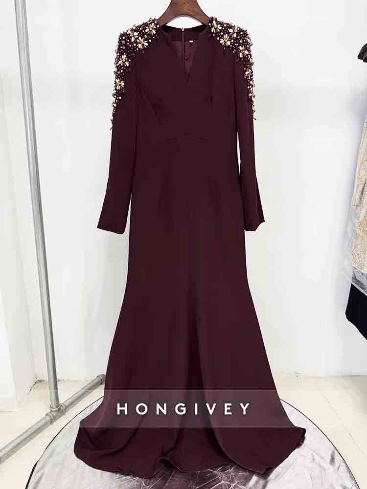 V-Neck Trumpet Long Sleeves Floor-Length Evening Gowns with Shoulder Beading