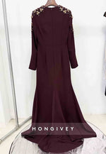 V-Neck Trumpet Long Sleeves Floor-Length Evening Gowns with Shoulder Beading