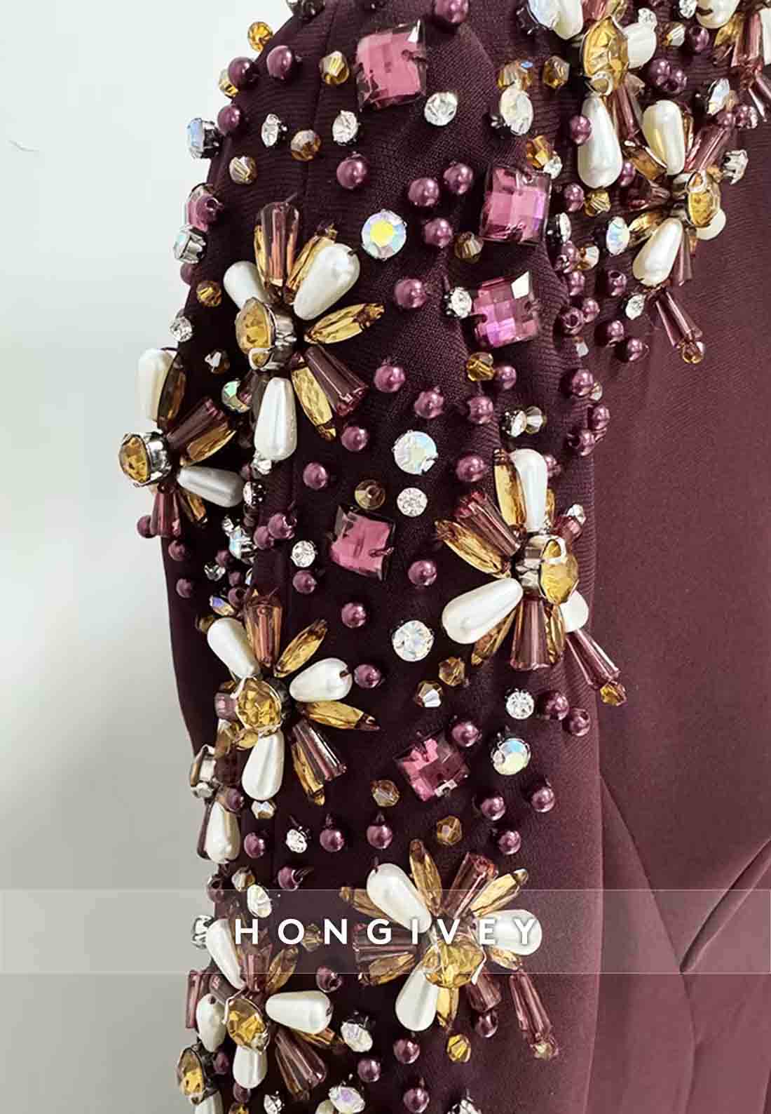 V-Neck Trumpet Long Sleeves Floor-Length Evening Gowns with Shoulder Beading