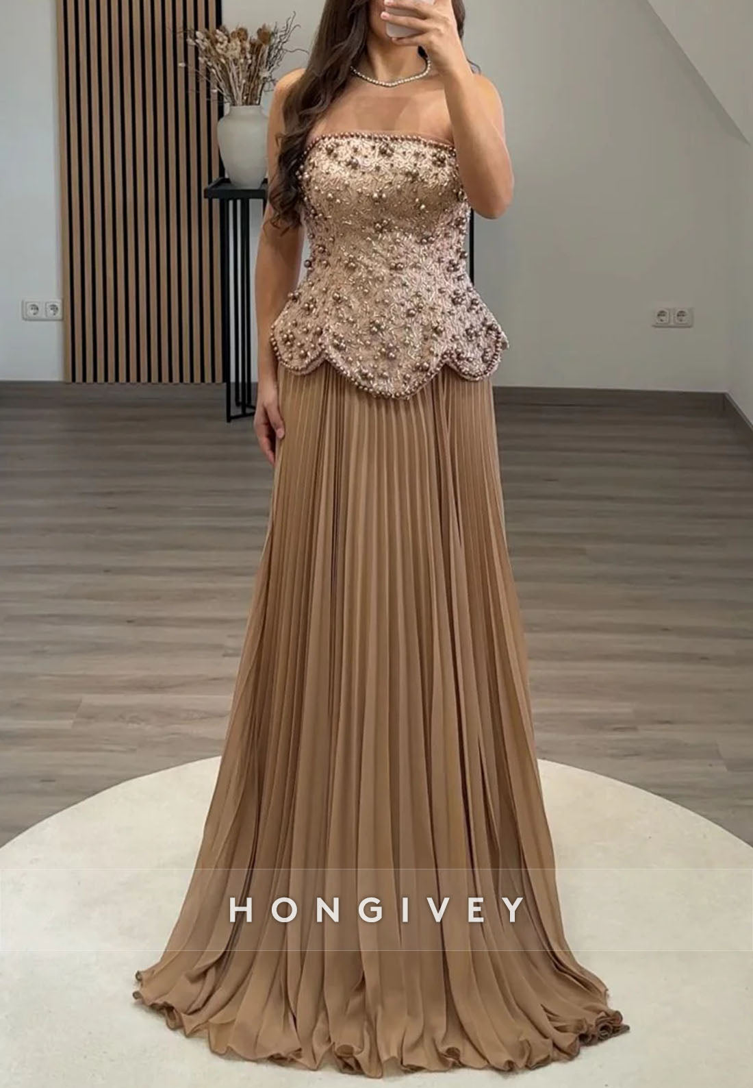 Strapless A-Line Floor-Length Evening Gowns with Beaded Corset and Ruffles