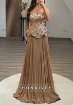 Strapless A-Line Floor-Length Evening Gowns with Beaded Corset and Ruffles