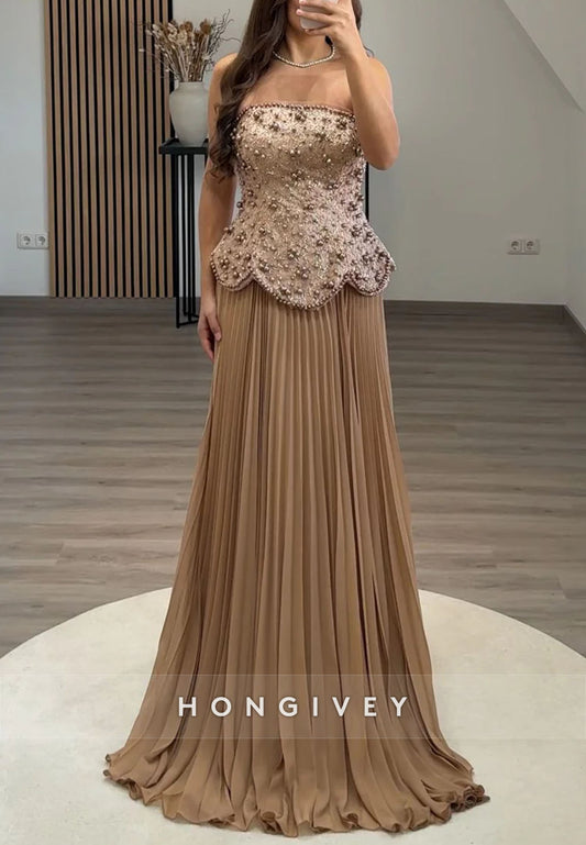 Strapless A-Line Floor-Length Evening Gowns with Beaded Corset and Ruffles