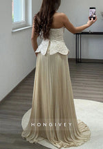 Strapless A-Line Floor-Length Evening Gowns with Beaded Corset and Ruffles