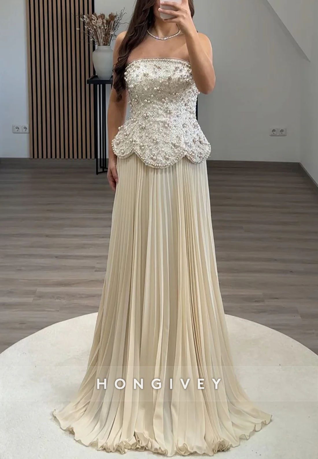 Strapless A-Line Floor-Length Evening Gowns with Beaded Corset and Ruffles