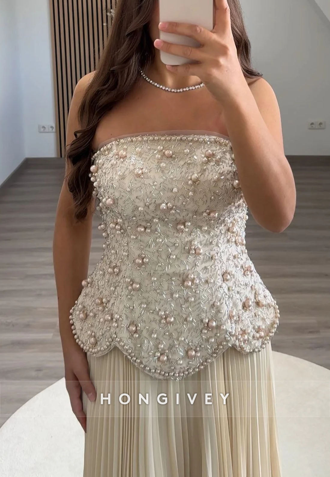 Strapless A-Line Floor-Length Evening Gowns with Beaded Corset and Ruffles