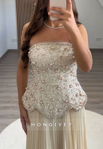 Strapless A-Line Floor-Length Evening Gowns with Beaded Corset and Ruffles